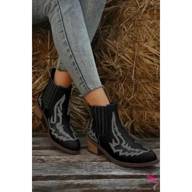 Dear Lover Black Embroidered Leather Thick Heel Booties