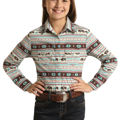 Rock & Roll Girl's Long Sleeve Snap Shirt/Blouse - Aquamarine