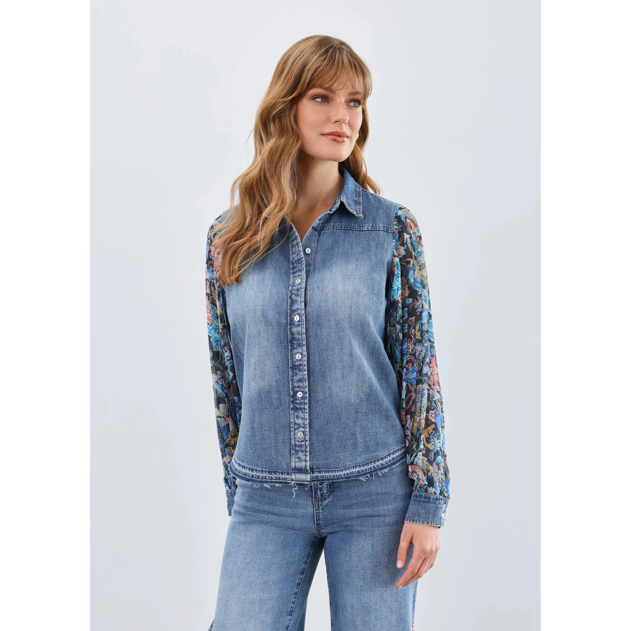 FDJ Women's Long Pleated Long Sleeve Chambray Shirt- Watercolor Damask