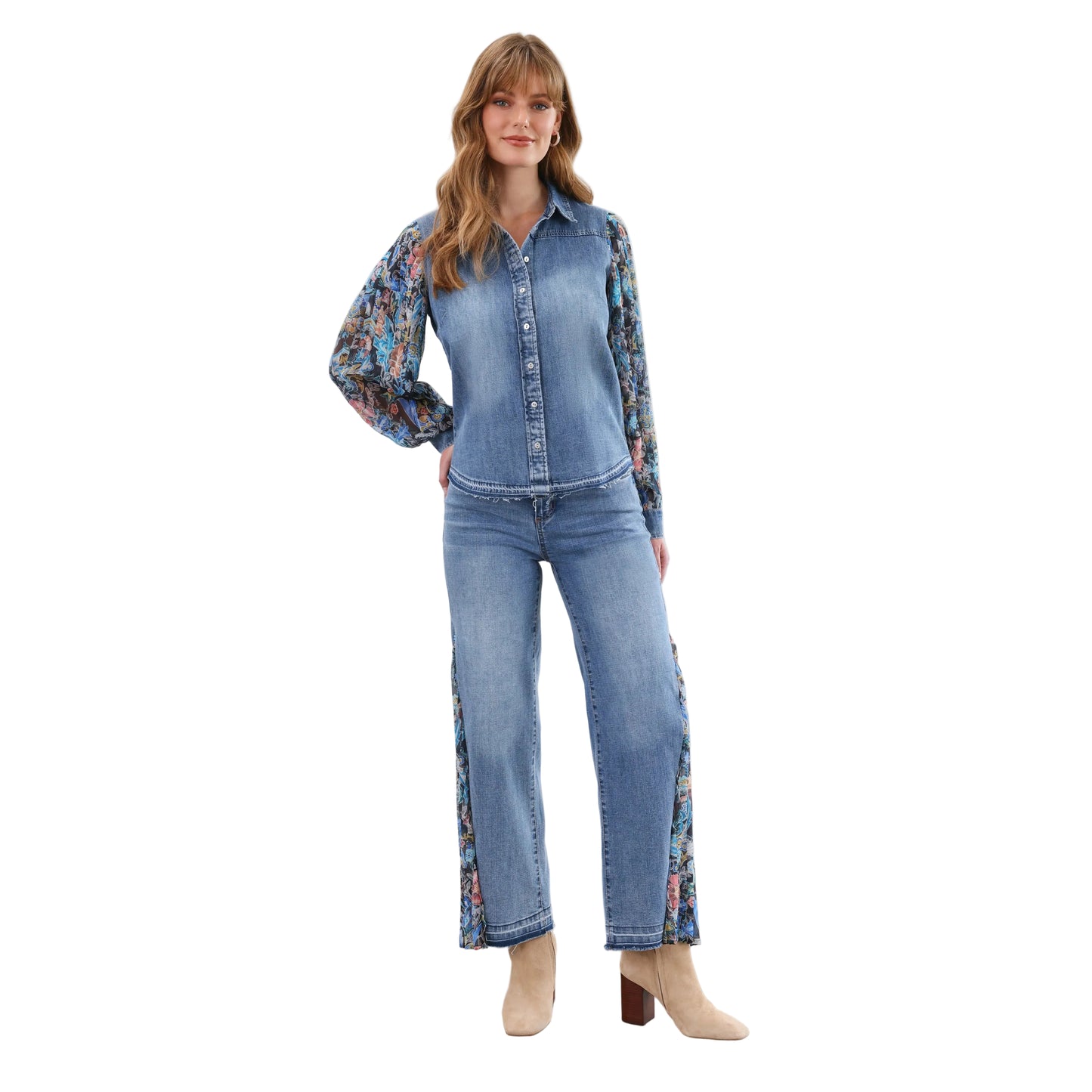 FDJ Women's Long Pleated Long Sleeve Chambray Shirt- Watercolor Damask