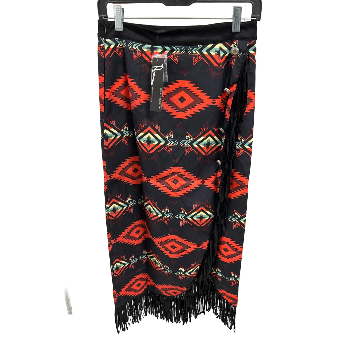 Lucky & Blessed Women's Red Asymmetrical Concho Button Wrap Fringe Skirt