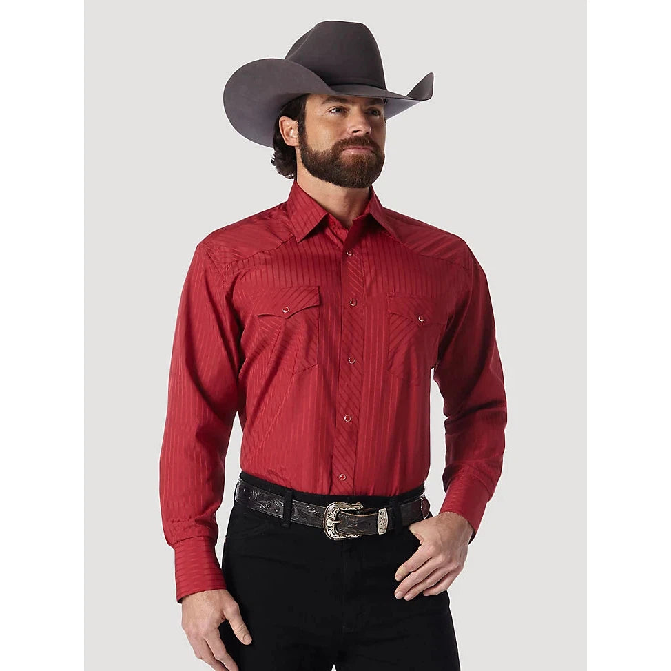 Wrangler Men's Long Sleeve Snap Dobby Stripe Shirt - Red