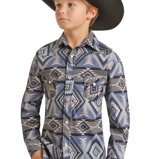 Rock & Roll Boy's Long Sleeve 2 Pocket Aztec Snap Shirt - Navy