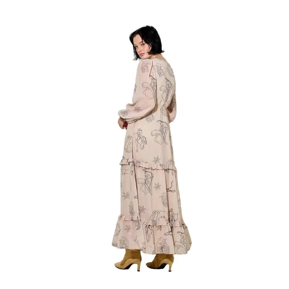 BaeVely Women's Cowboy Print V Neck Long Sleeve Midi Dress- Taupe