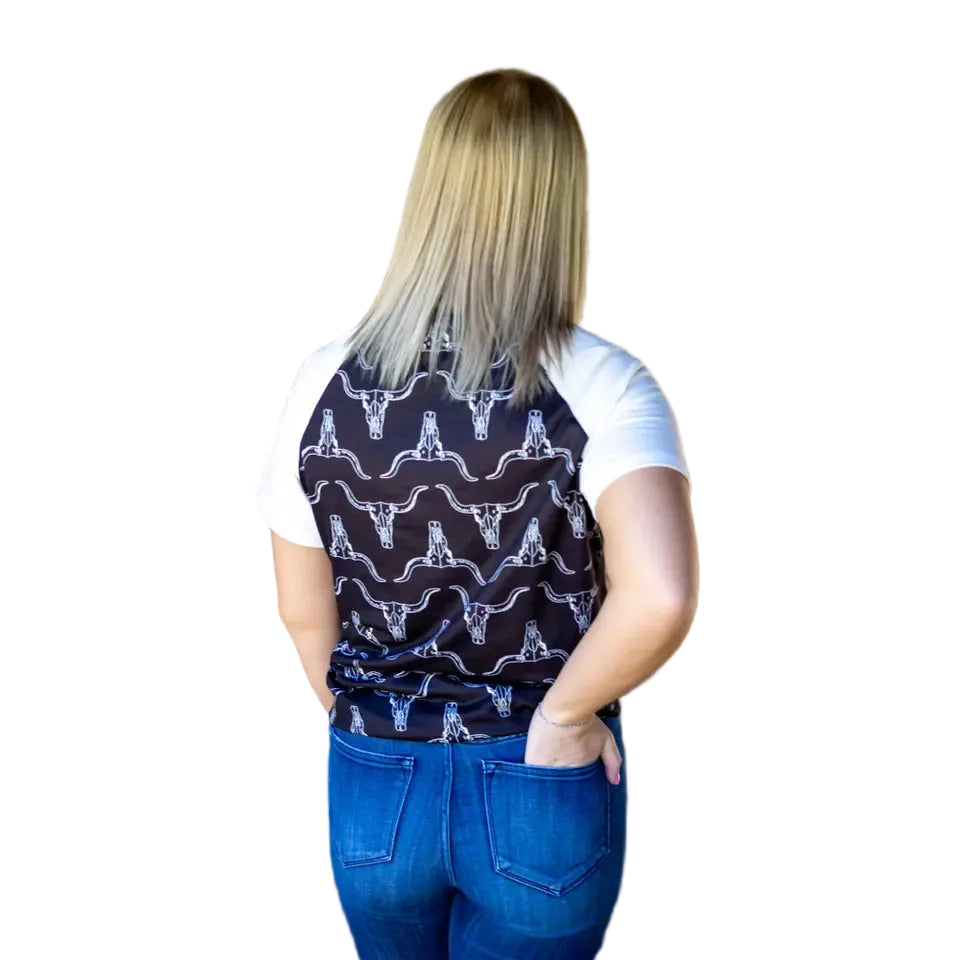 Rockin A Design Women's Short Sleeve Western Steer Skull 3 D Tee Shirt-