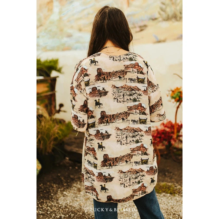 Lucky & Blessed Western Desert Cowboy Printed Kimono