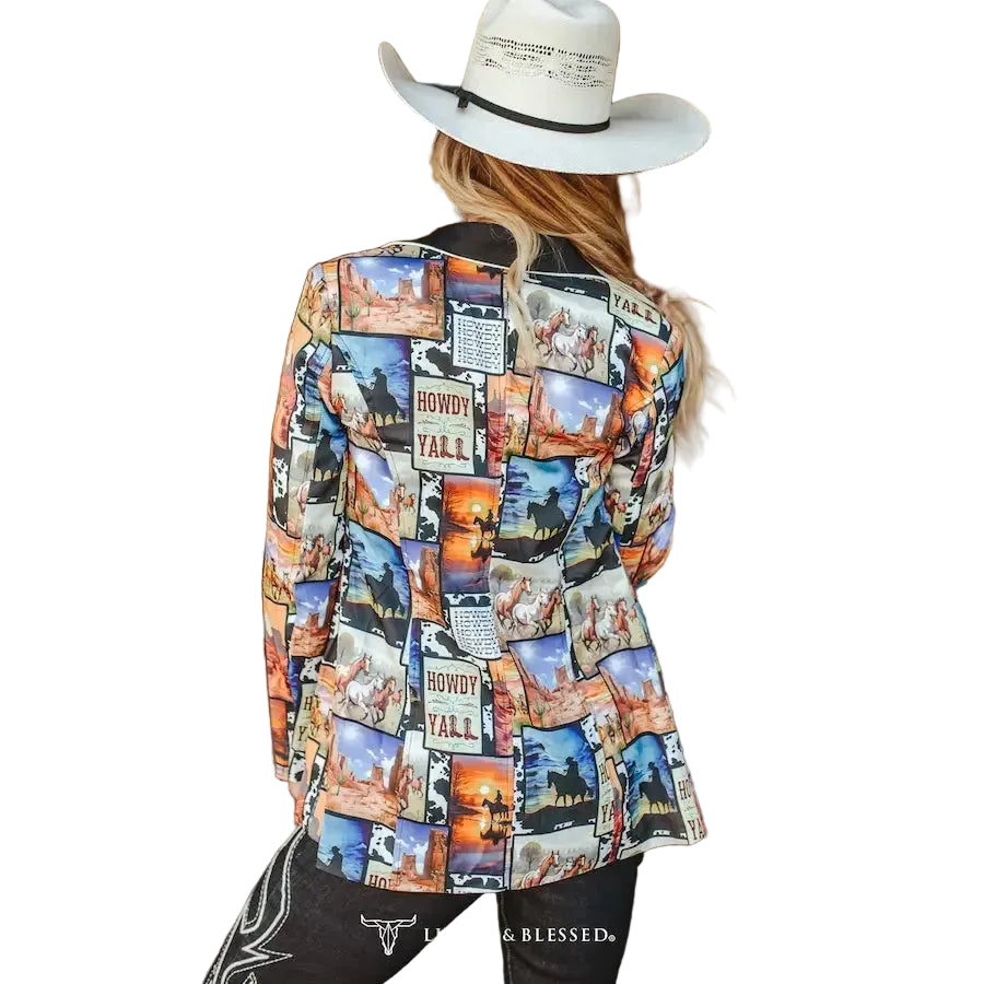 Lucky & Blessed Women's Western Collage Printed Ivory Piping Button Blazer