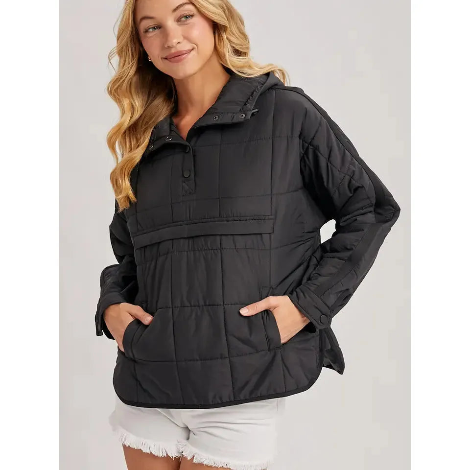 Bluivy Women's Long Sleeve Quilted Puffer Hooded Pullover Jacket- Black