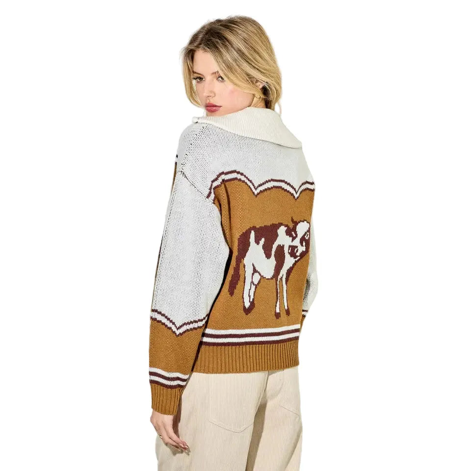 BaeVely Women's Cowprint Long Sleeve Sweater- Caramel