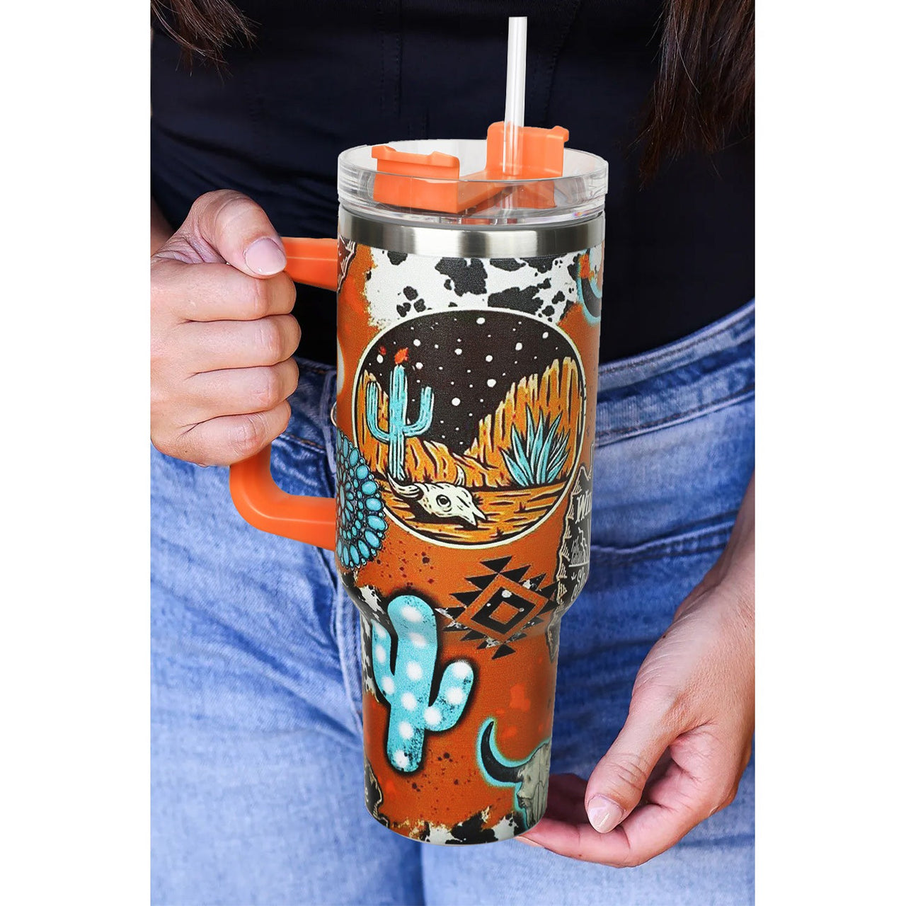 Dear Lover 40oz Western Graphic Handled Stainless Steel Tumbler Cup - Orange