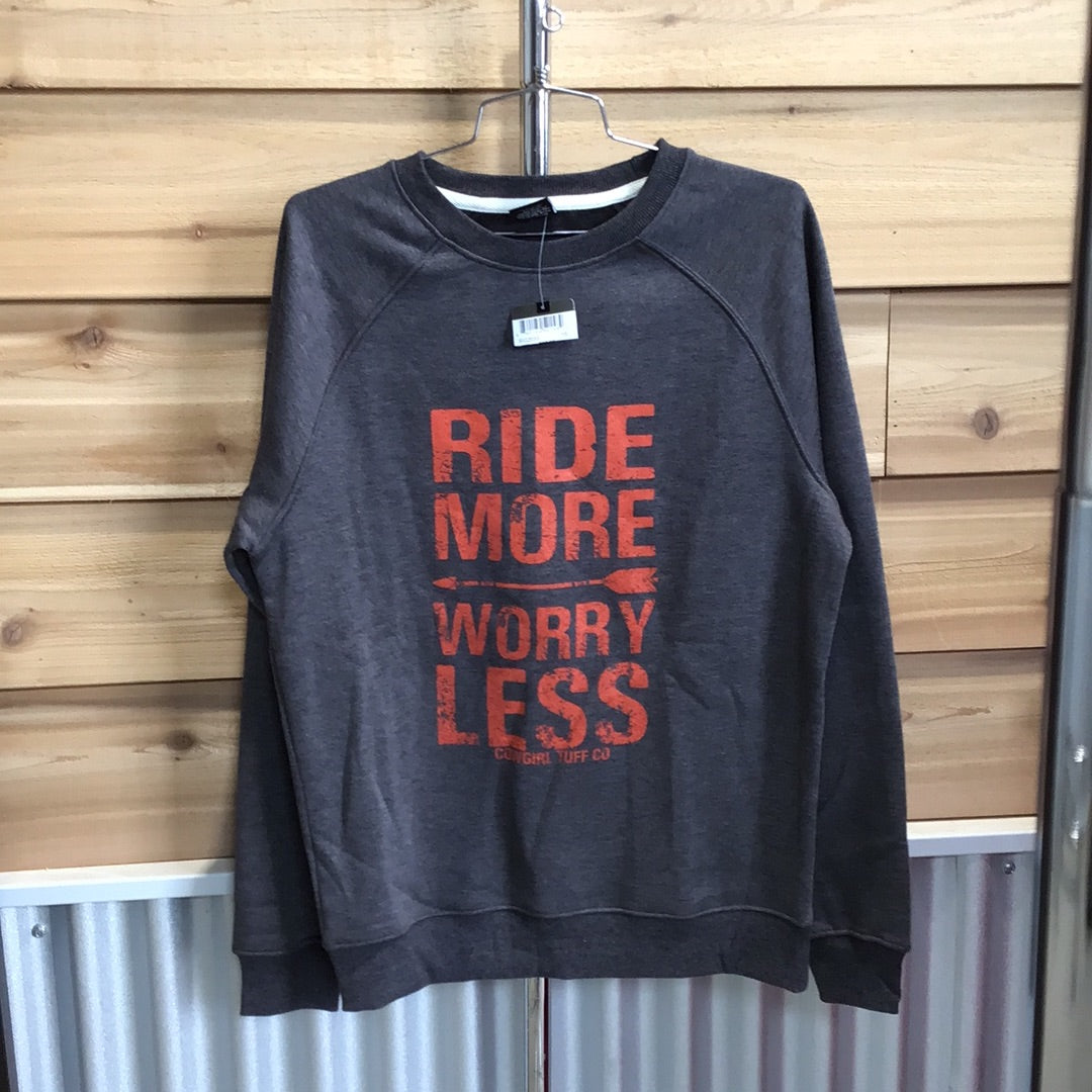 Cowgirl Tuff Unisex Crew Neck Sweatshirt  - Ride More Worry Less Print - Charcoal