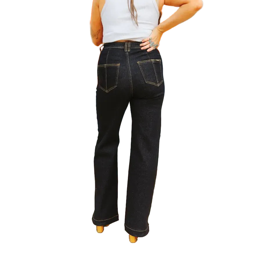 Lucky & Blessed Women's Mid Rise Square Pocket Trouser Jeans- Dark Wash
