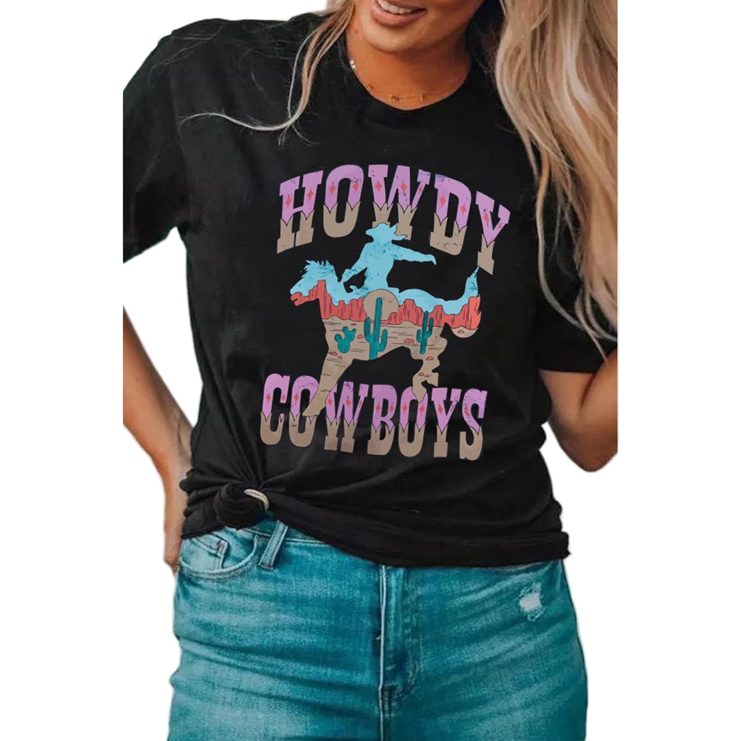 Dear Lover Women's Howdy Cowboys Western Graphic Tee - Black