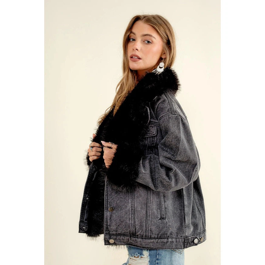 Blue B Women's Fur Collard Cuff Oversized Denim Jacket - Washed Black