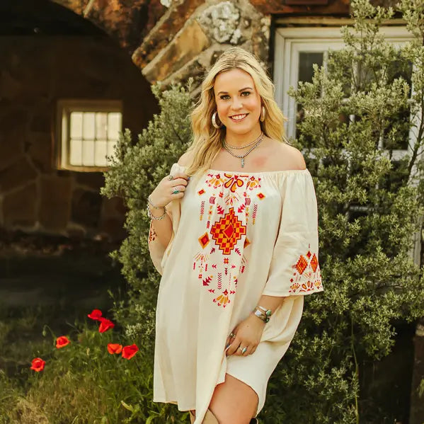 Lucky & Blessed Women's Aztec Embroidered Off Shoulder Dress- Ivory