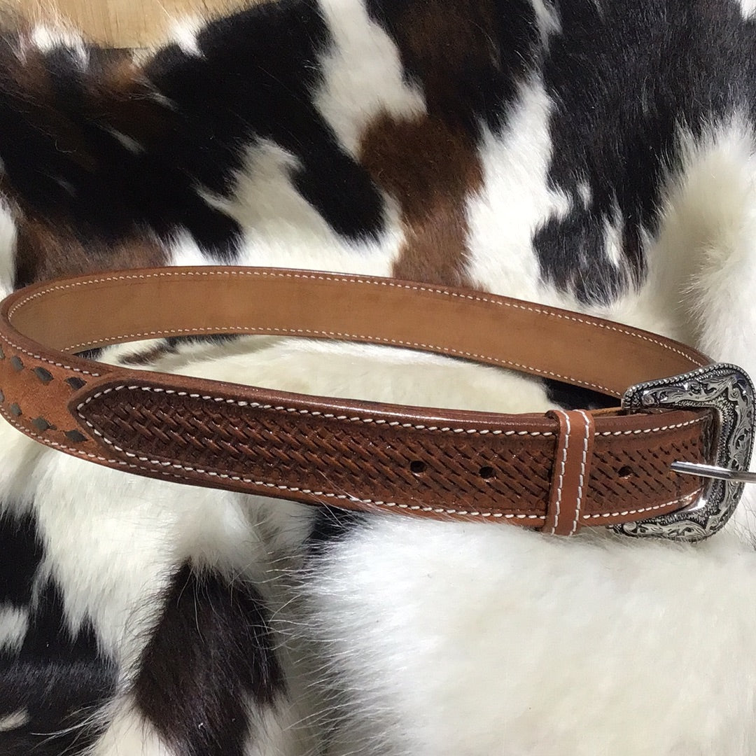 Men's Brown Buck Stitch Belt W/Inlay