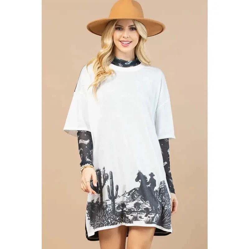 Avery Women's Dakota Wild West Graphic Color Block T-Shirt Dress - Ivory/Black