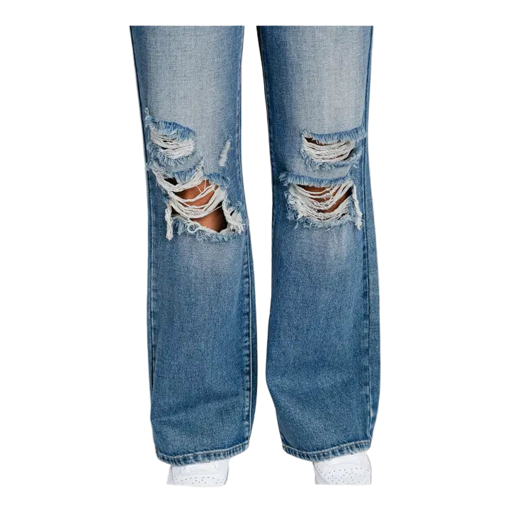 Petra153 Women's Distressed High Rise Rigid Vintage Flare Jeans - Medium Wash