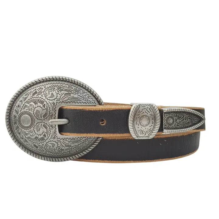 Axesoria West Women's Vintage Skinny Leather Belt with Antique Floral Buckle
