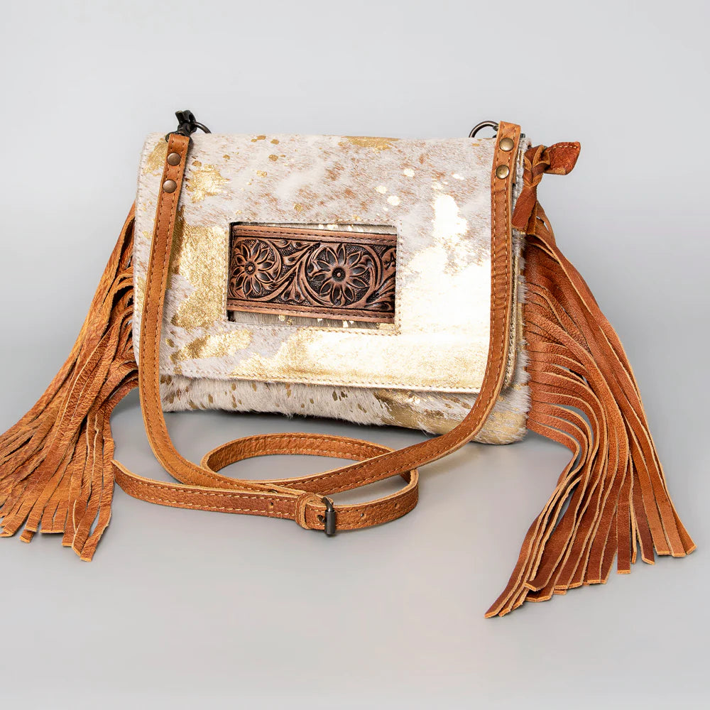 American Darling Leather Purse Metallic Cowhide w Fringe