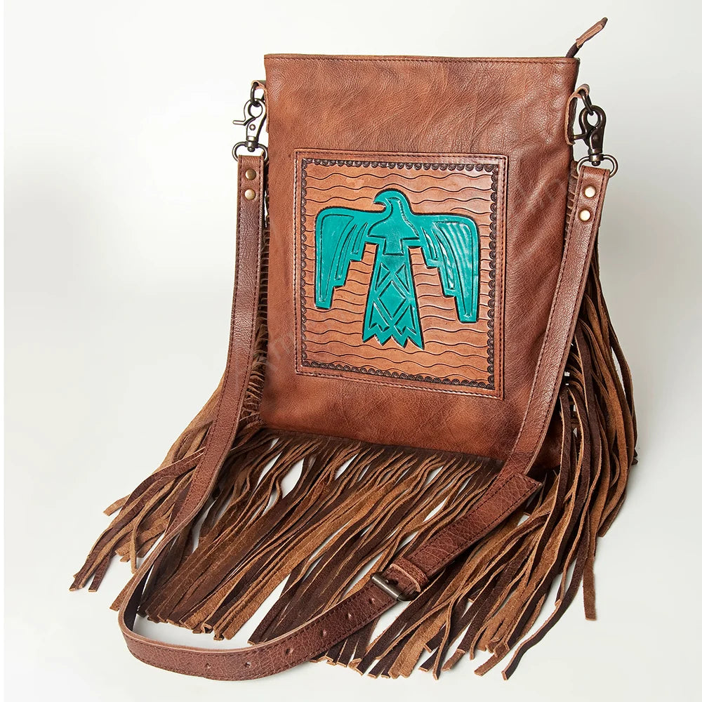 American Darling Western Hand Tooled Leather Fringed Large Cross Body Handbag