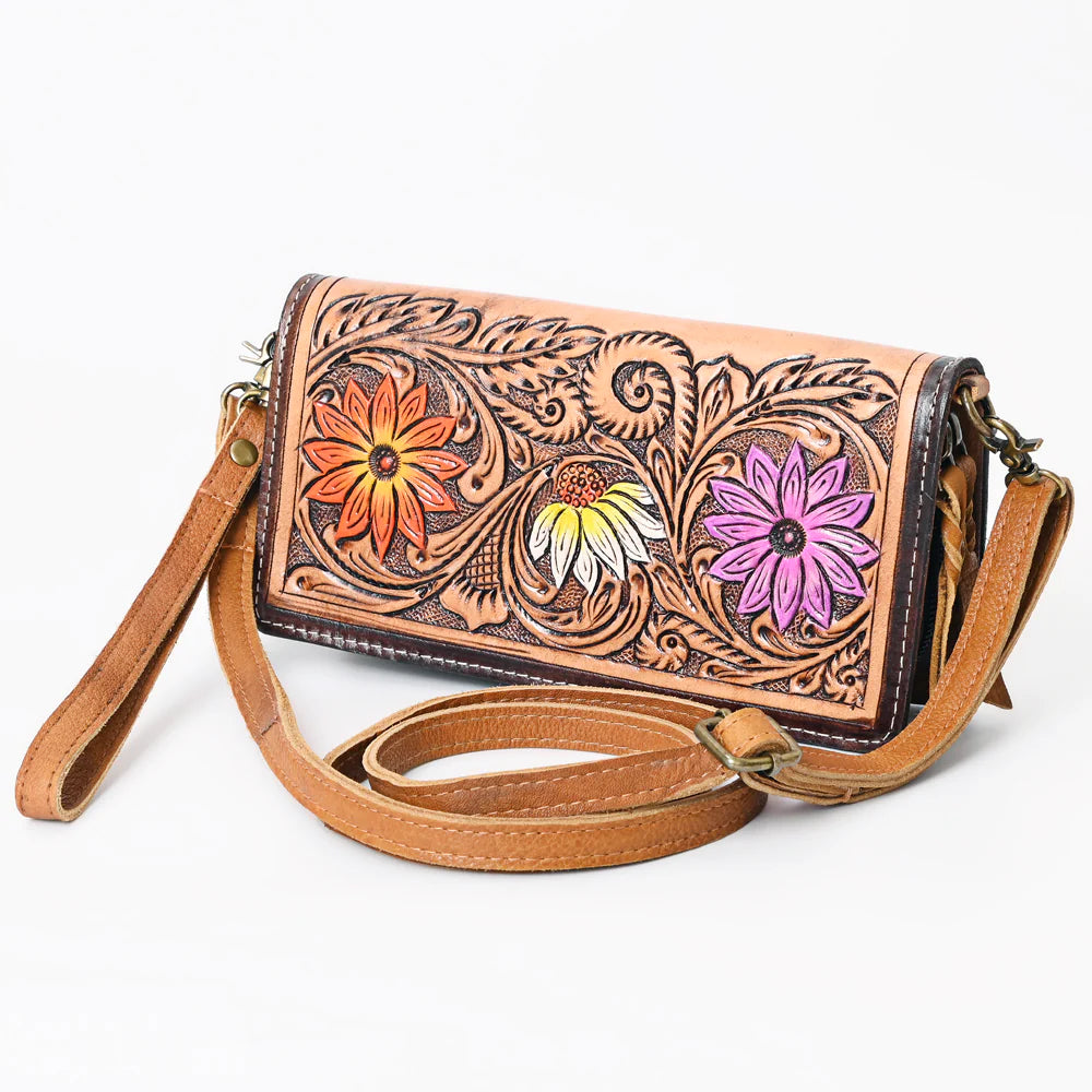 American Darling Hand Tooled Floral Flap Crossbody Purse Tan Yellow Orange Pink