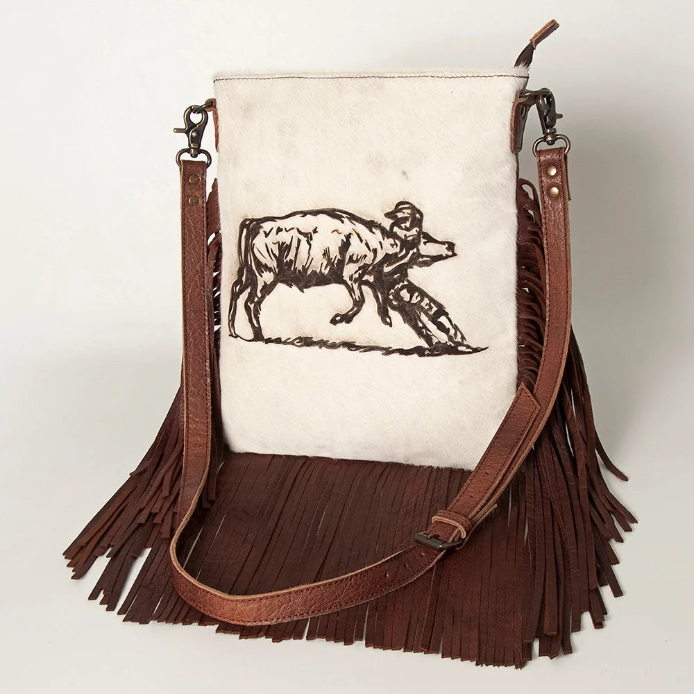 American Darling Women's Western Tooled Strap & Fringe Large Crossbody Bag