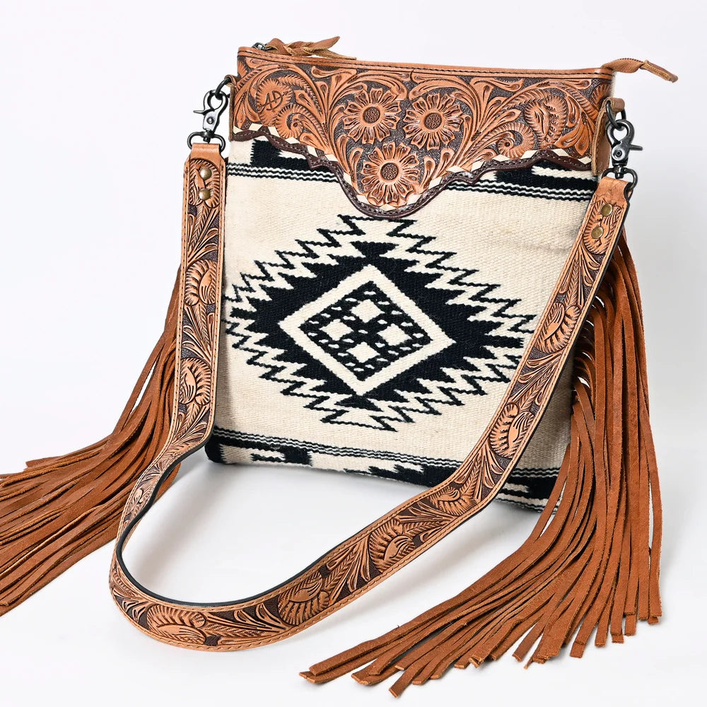 American Darling Women's Tooled Leather Yoke Fringe Boho Western Purse