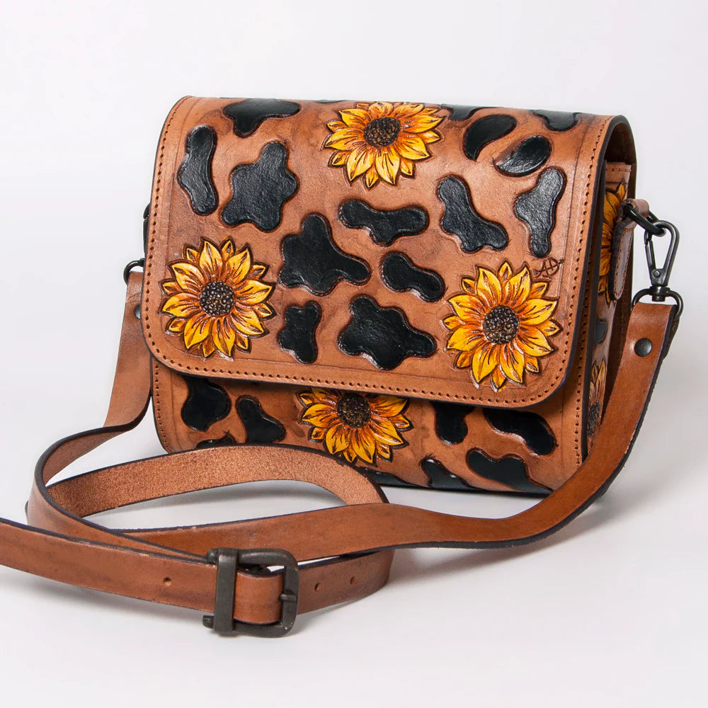 American Darling Leather Purse - Sunflower & Cow Print