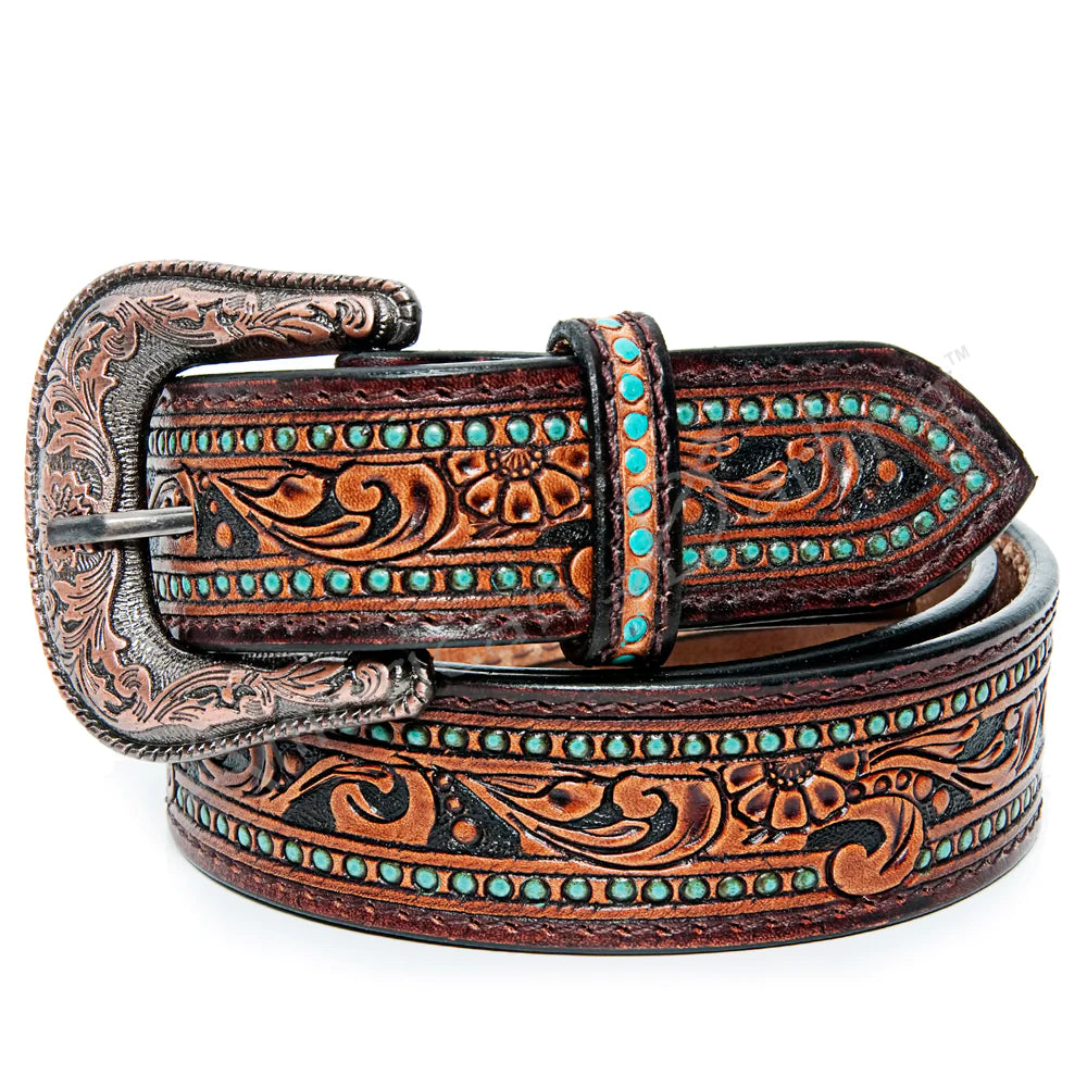 American Darling Tooled Leather Belt - Flower Filigree w/Turquoise Dots