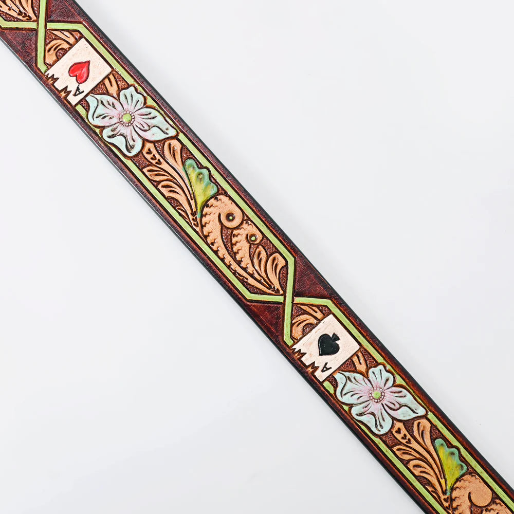 American Darling Tooled Leather Belt - Aces w/Green Border
