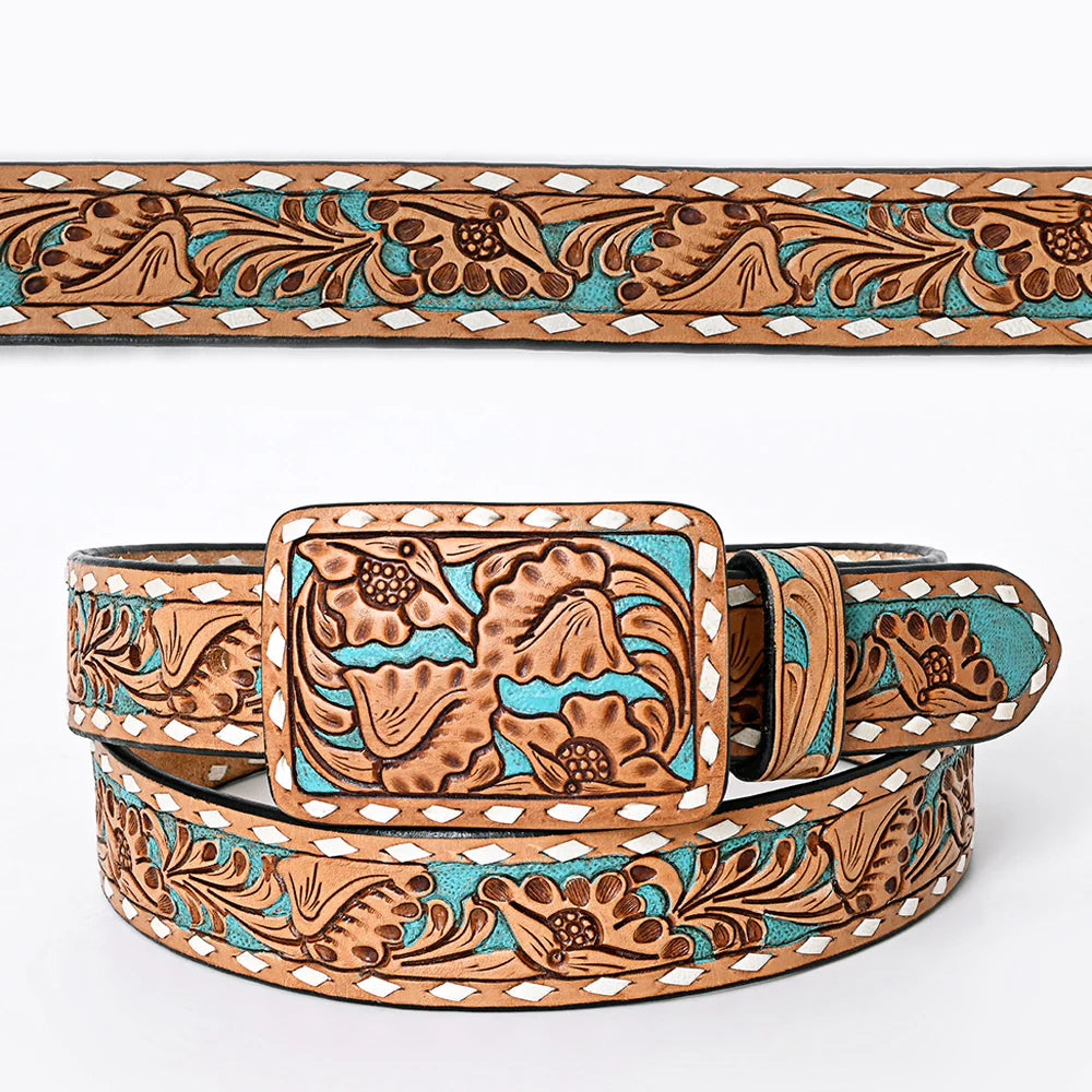 American Darling Tooled Leather Belt - Tan w/Turquoise Inlay