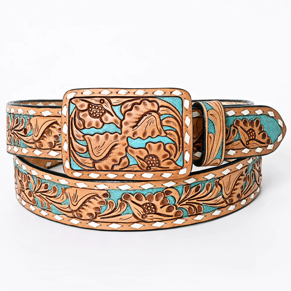 American Darling Tooled Leather Belt - Tan w/Turquoise Inlay