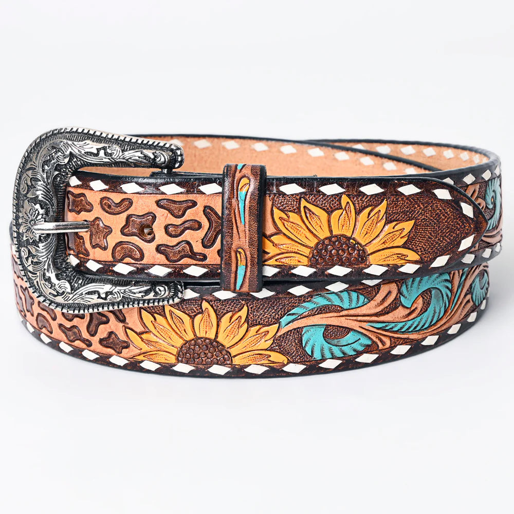 American Darling Women's Leather Hand-Tooled Belt - Cow Print, Sunflower & Turquoise Filigree