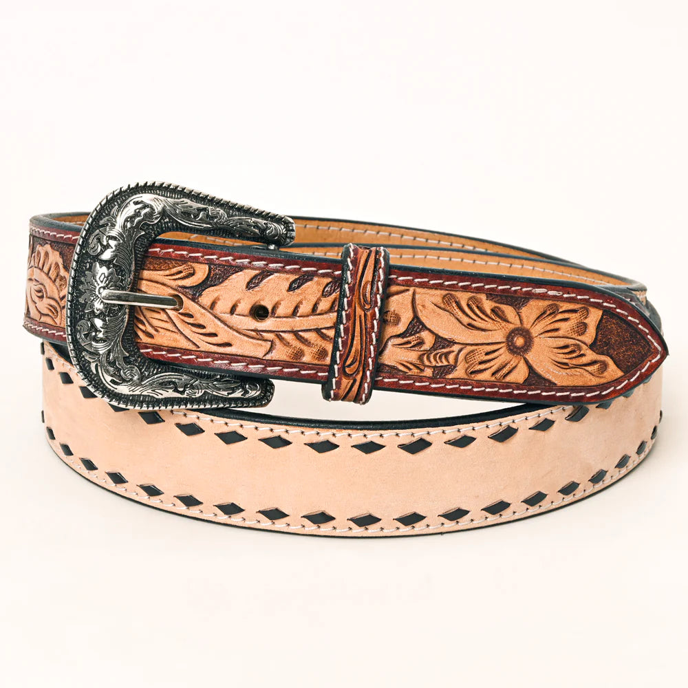 American Darling Tooled Leather Belt - Tan w/Black Buckstitch