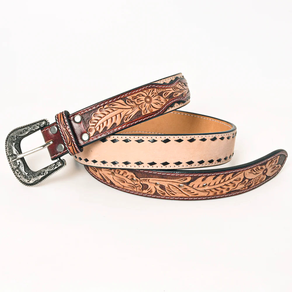 American Darling Tooled Leather Belt - Tan w/Black Buckstitch