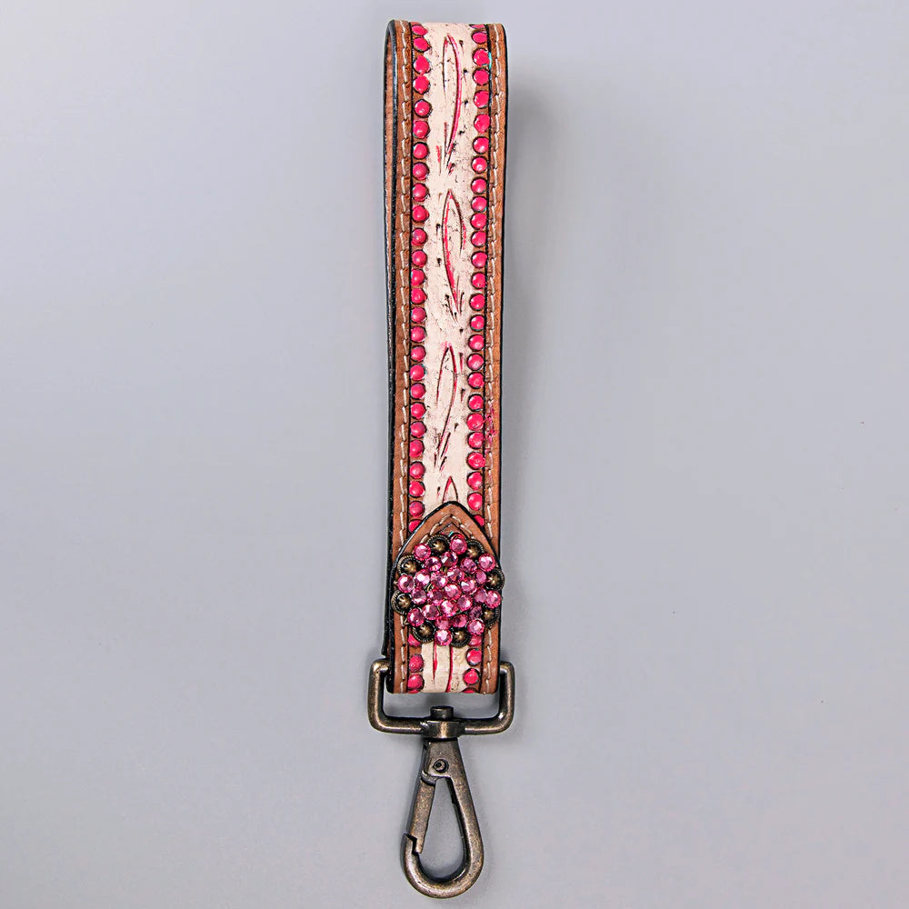 American Darling Tooled Leather Wristlet Key Chain - Pink w/Pink Rhinestones