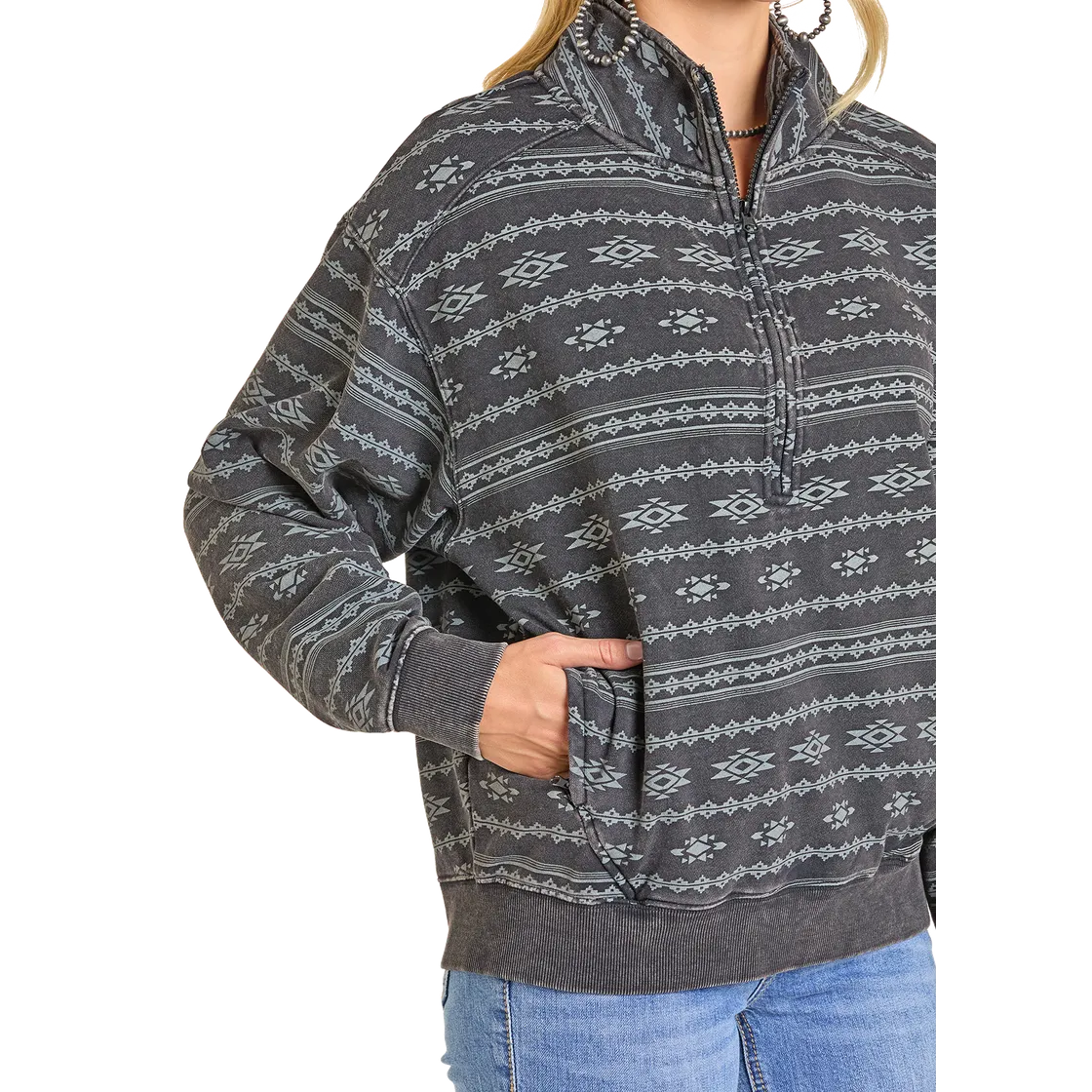 Rock & Roll Women's Aztec Print 1/4 Zip Pullover - Black