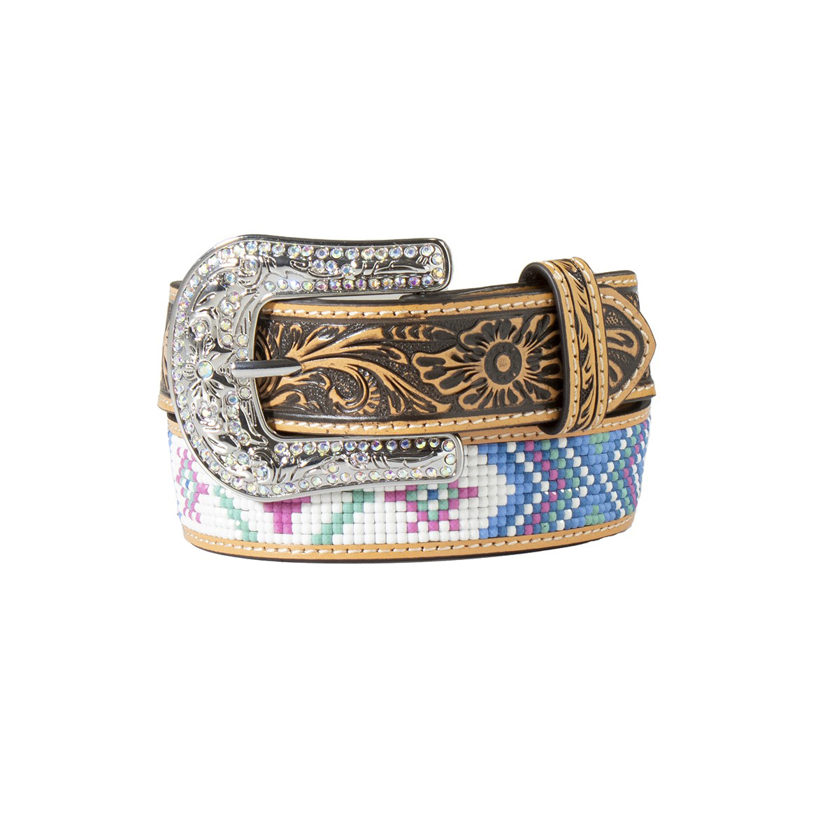 Angel Ranch Girl's Floral Embossed Cactus Beaded Belt - Multi Coloured