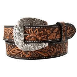 Angel Ranch Women's Hand Tooled Sunflower Cactus Belt- Brown