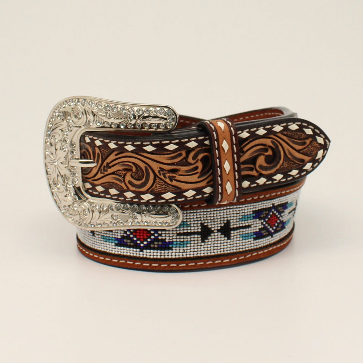 Angel Ranch Women's Tooled Beaded Inlay Belt - Brown