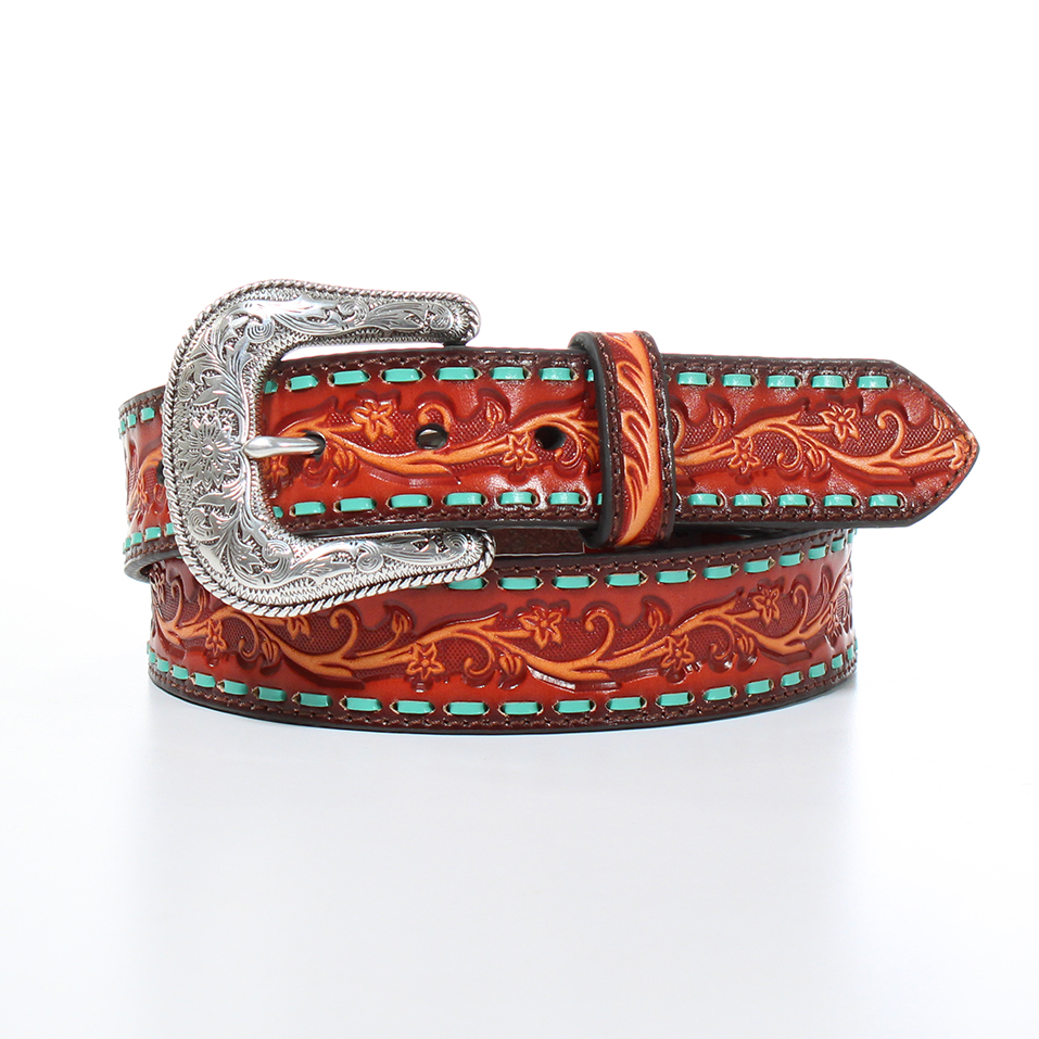 Ariat Women's Tooled Floral Buck Lace Belt - Red/Turquoise/Black