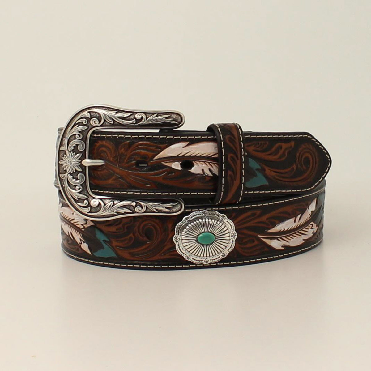 Ariat Women's Leather Feather Floral Embossed Oval Concho Belt - Brown