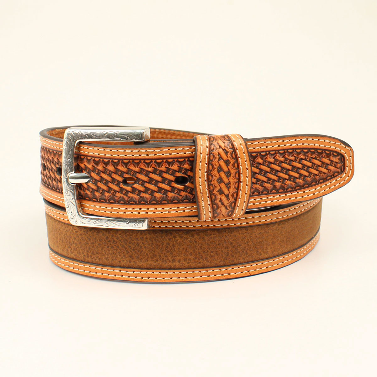 Ariat Men's Contrast Double Stitching Embossed Basket Weave Western Belt - Medium Brown