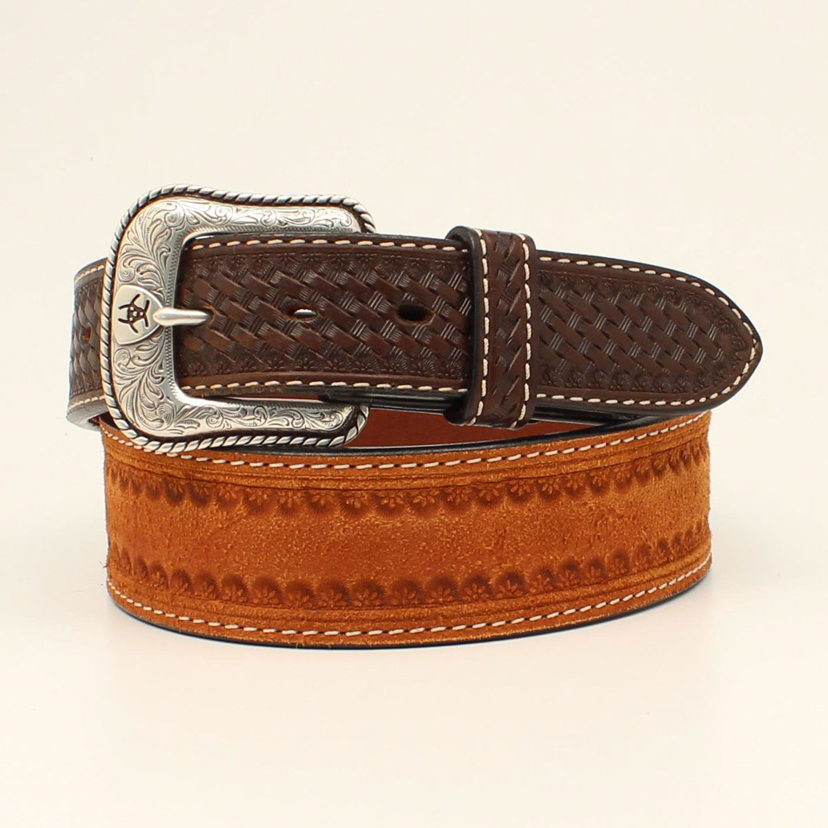 **Ariat Men's Tooled Basket Weave Tabs Western Belt - Tan