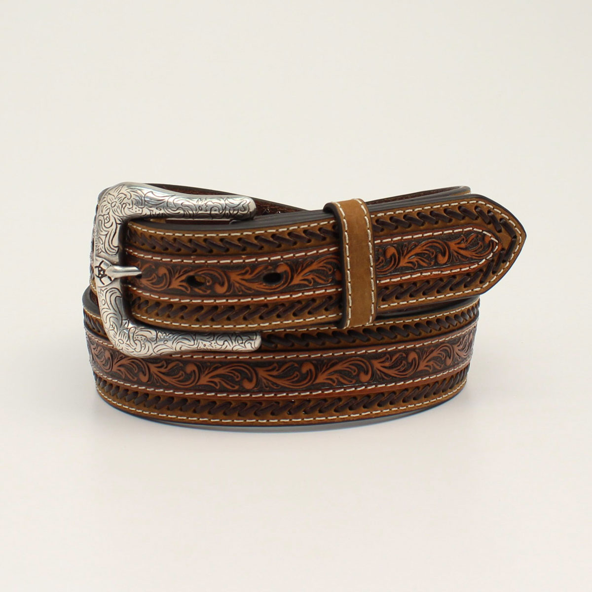 Ariat Men's Buck Stitching Floral Tooled Western Belt - Tan