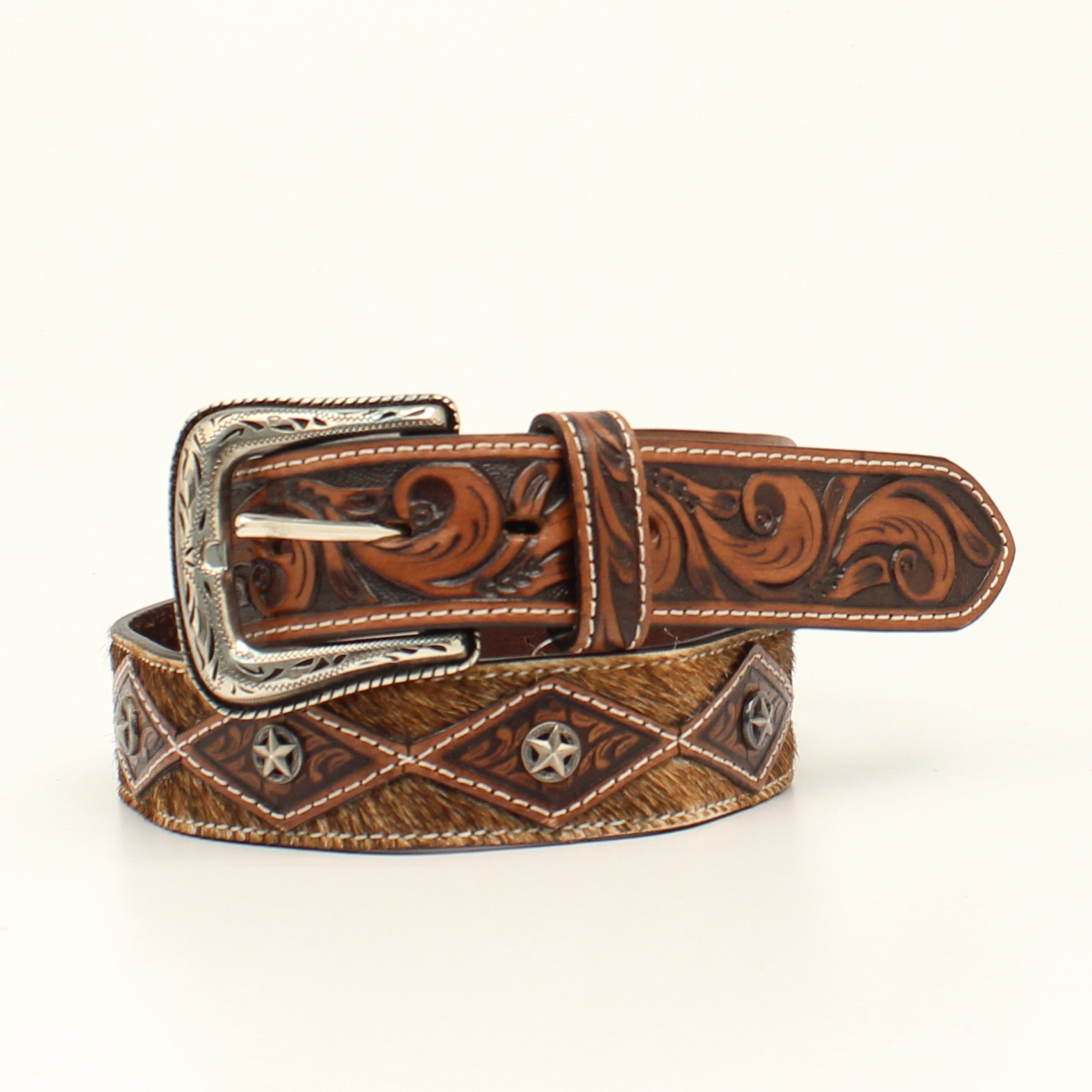 Ariat Men's Stitched Overlay Belt - Medium Brown Genuine Leather, 1.5" Width, Sizes 32-44