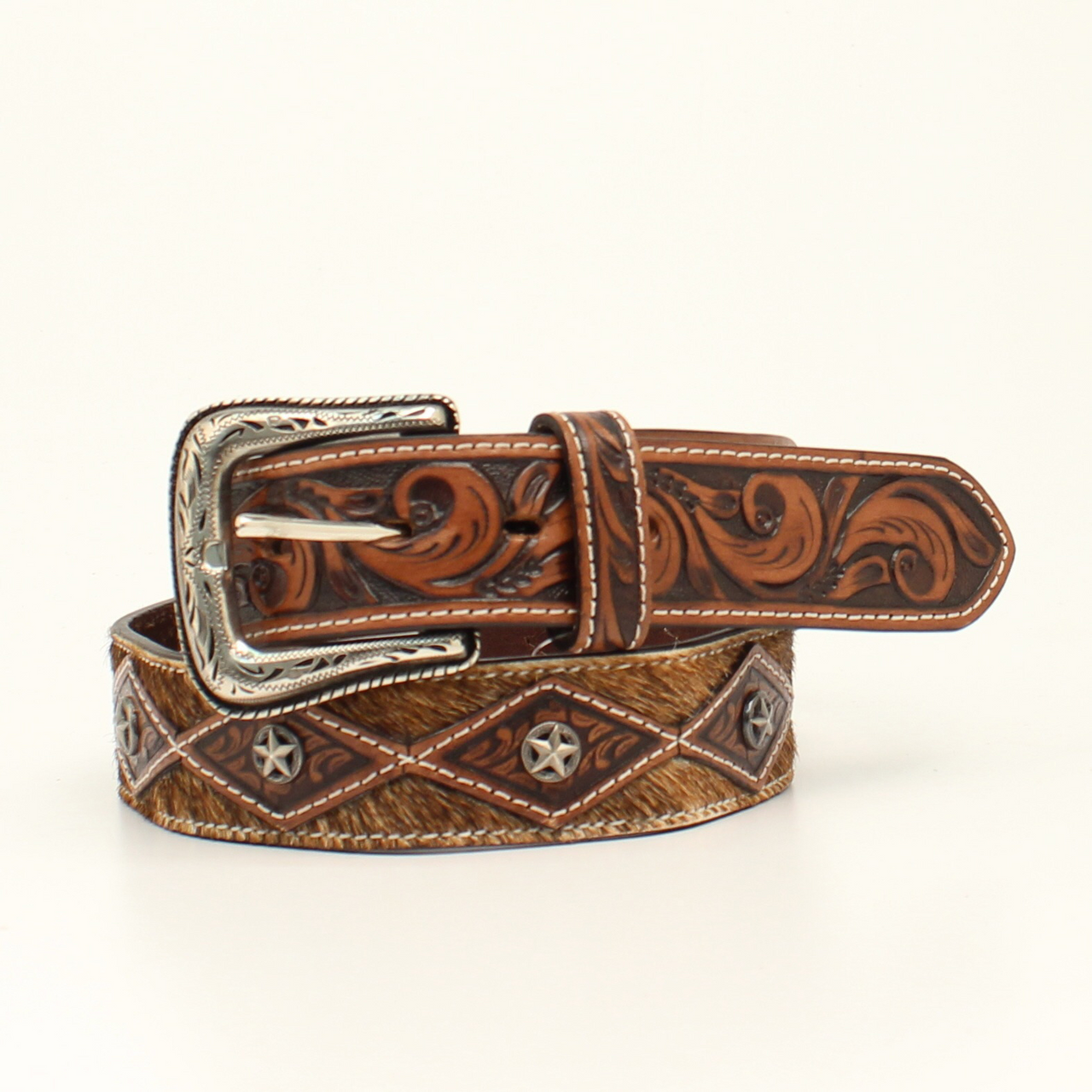 Ariat Men's Calf Hair Concho Floral Tooled Western Belt - Brown
