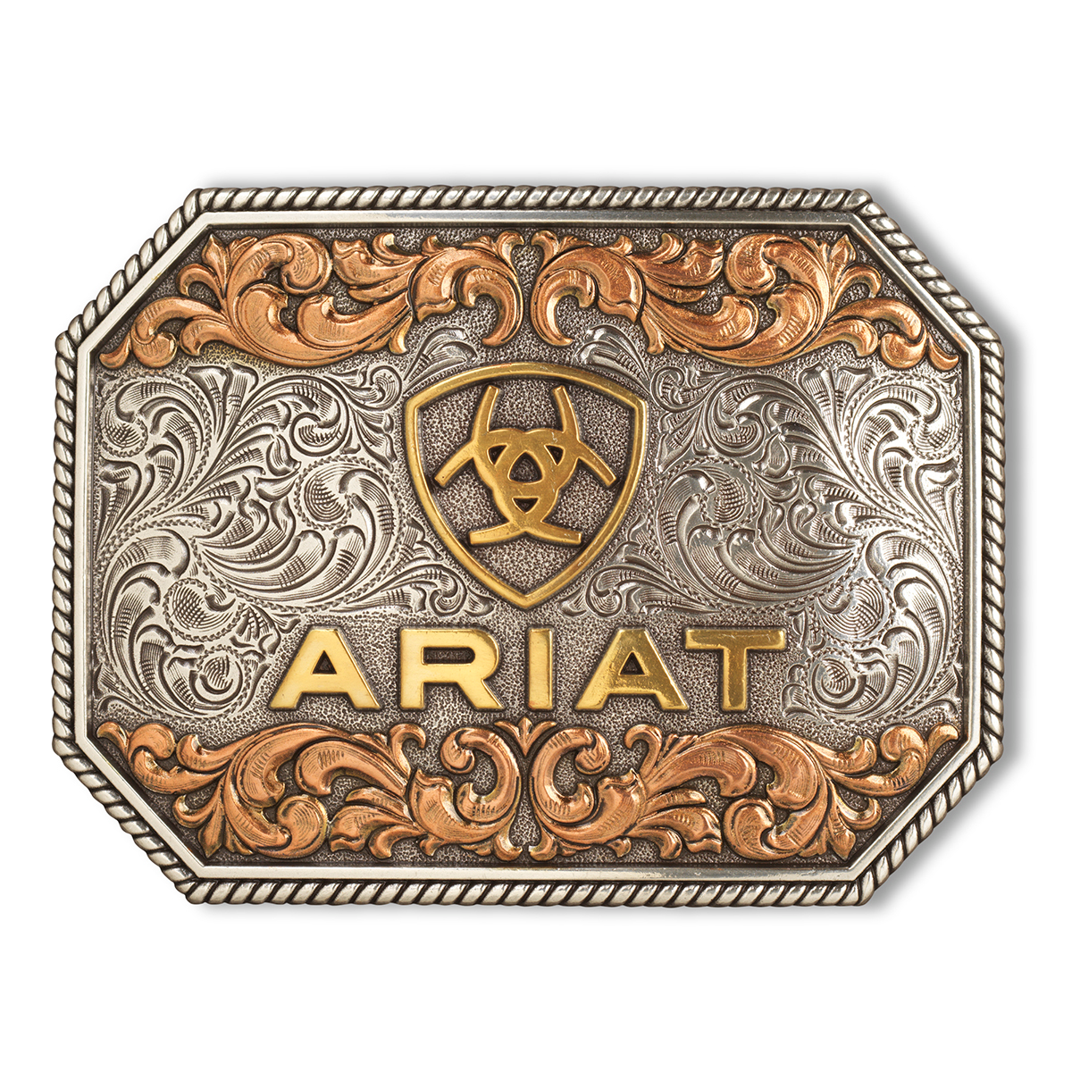 Ariat Rectangle Buckle - Raised Logo Antique Silver & Antique Gold