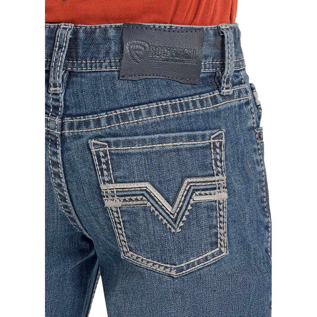 Rock & Roll Boy's Barbed Embroidered Pocket 2 Toned Pleather Bootcut Jeans - Medium Wash